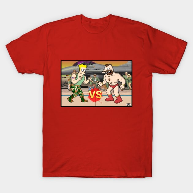 Street Fighter Guile vs Zangief Fight! T-Shirt by GarryDeanArt